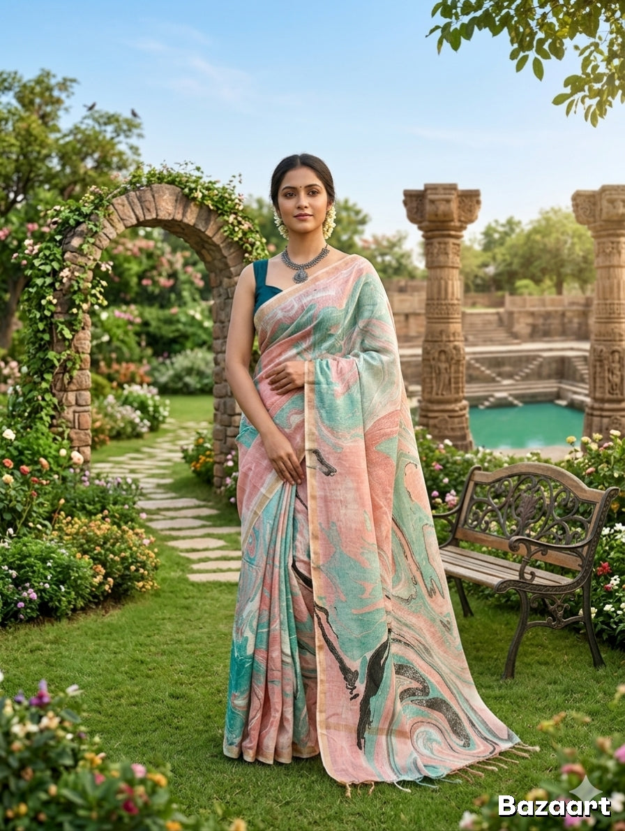 Light Blue Red Combination Khatan Semi Silk Marble Print Saree