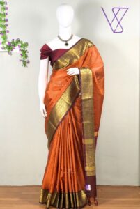 Rust Orange Banarasi Katan Silk Check Design Saree with Burgundy Border