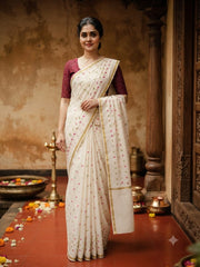 Kerala Set Saree with Jasmine Bud Design-VS355