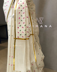 Kerala Set Saree with Jasmine Bud Design-VS355