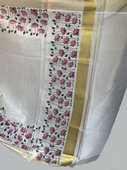 Kerala Tissue Saree With pink Lotus Motifs and Golden Kasavu Border-VS151