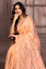 Peach cotton linen ethnic print woven design Kanjivaram Saree with Blouse Piece
