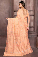 Peach cotton linen ethnic print woven design Kanjivaram Saree with Blouse Piece