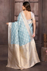 Light Blue Cotton ethnic motifs woven design woven Saree with Blouse piece