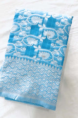 Light Blue Cotton Floral Woven Designed Saree with Blouse Piece