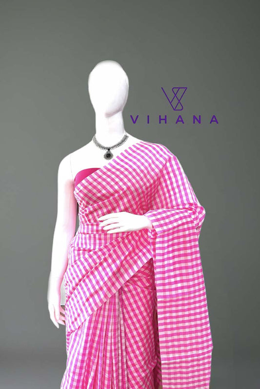Pink and Silver checkered cotton silk Saree with blouse piece