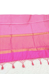 Pink and Silver checkered cotton silk Saree with blouse piece