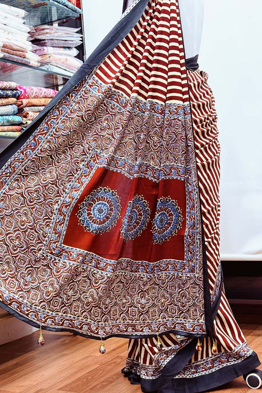 Rich Maroon Striped Gajji Modal Satin Silk Saree with Blouse Piece