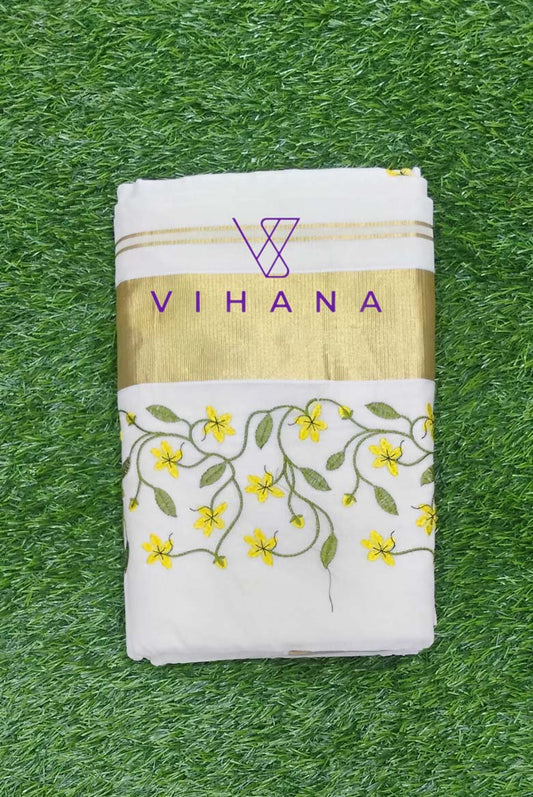 Kerala Traditional cotton set saree, embroidery design with running blouse-VS158