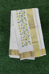 Kerala Traditional cotton set saree, embroidery design with running blouse
