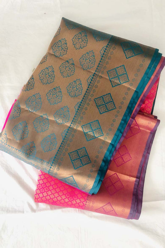 Elegant Pink Banarasi Silk Saree with Exquisite Golden Zari Work and Designer Border with contrast colored Pallu and Unstitched running blouse