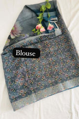 Linen-cotton blend saree with a 3D digital print, comes with an unstitched running blouse piece. (Color-Grey)