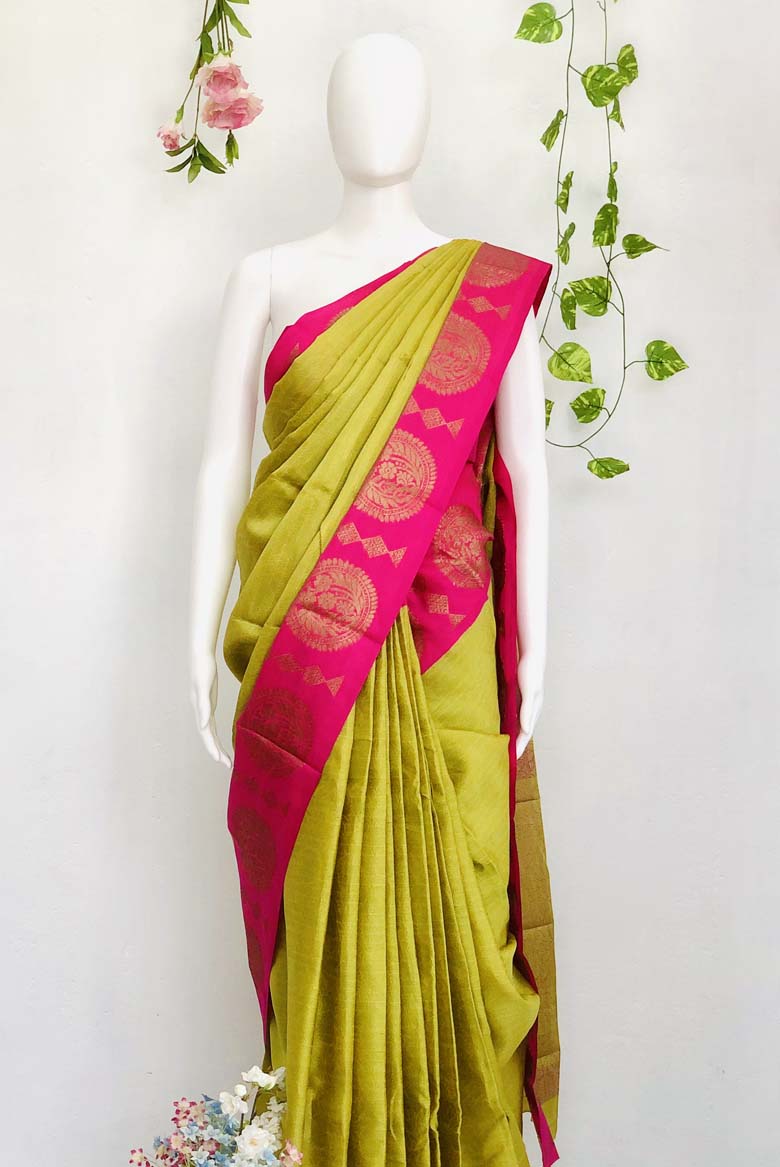 Parrot Green Banarasi Silk Saree with Unstitched running Blouse