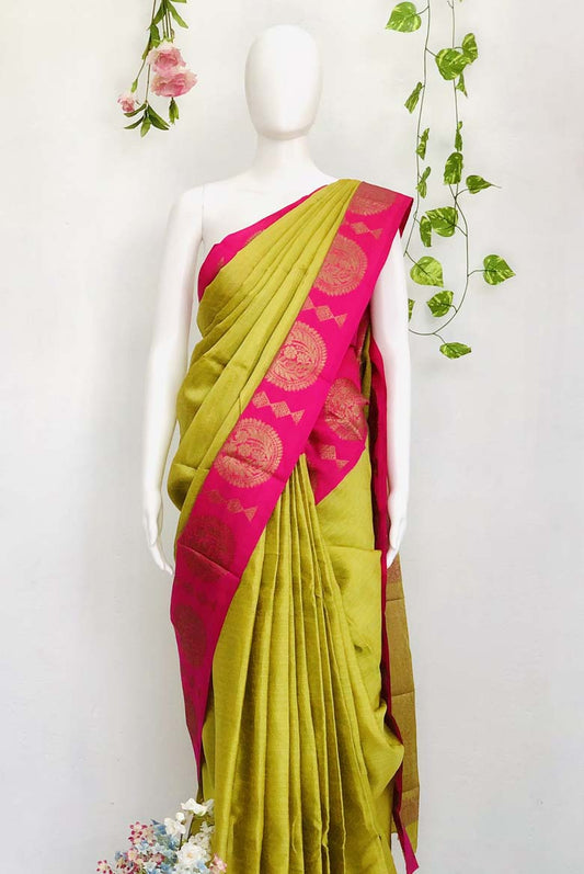 Parrot Green Banarasi Silk Saree with Unstitched running Blouse