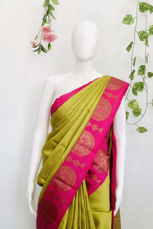 Parrot Green Banarasi Silk Saree with Unstitched running Blouse
