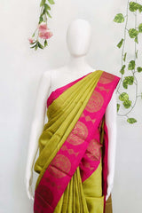Parrot Green Banarasi Silk Saree with Unstitched running Blouse