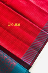 Peacock blue dual tone Banarasi silk saree with a contrasting designer border, comes with a running blouse piece.