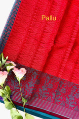 Peacock blue dual tone Banarasi silk saree with a contrasting designer border, comes with a running blouse piece.