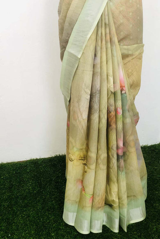 Linen-cotton blend saree with a 3D digital print, comes with an unstitched running blouse piece. (Color-Light Green)