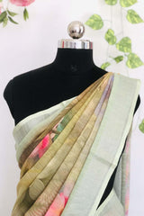 Linen-cotton blend saree with a 3D digital print, comes with an unstitched running blouse piece. (Color-Light Green)