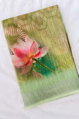 Linen-cotton blend saree with a 3D digital print, comes with an unstitched running blouse piece. (Color-Light Green)