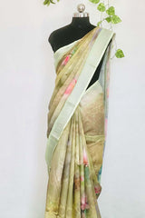 Linen-cotton blend saree with a 3D digital print, comes with an unstitched running blouse piece. (Color-Light Green)
