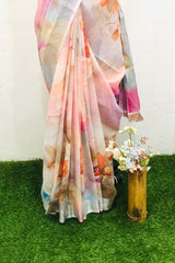 Linen-cotton blend saree with a 3D digital print, comes with an unstitched running blouse piece. (Color Orange)