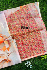 Linen-cotton blend saree with a 3D digital print, comes with an unstitched running blouse piece. (Color Orange)