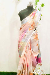 Linen-cotton blend saree with a 3D digital print, comes with an unstitched running blouse piece. (Color Orange)