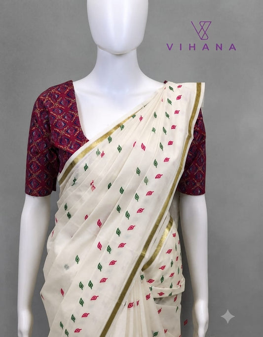 Kerala Set Saree with Jasmine Bud Design-VS355
