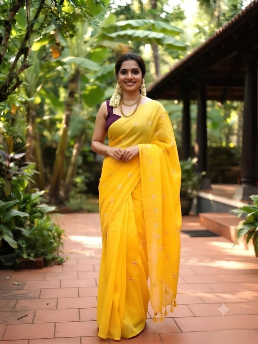 Khadhi Cotton Saree Yellow Silve Flower Embroidery- VS510