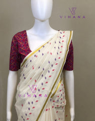 Kerala Set Saree with Jasmine Bud Design-VS356