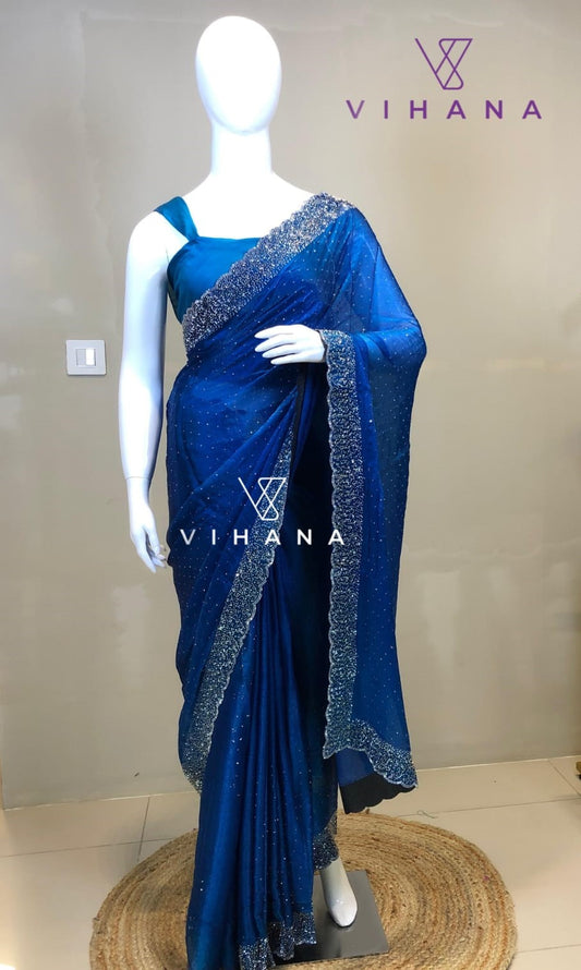 Peacocok Blue Color Space Silk Saree Party Wear
