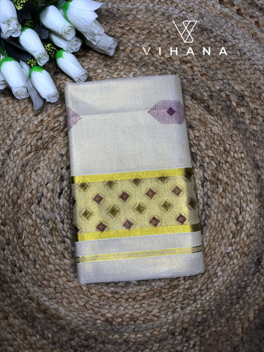 Kerala Tissue Set Saree Geometric - VS442