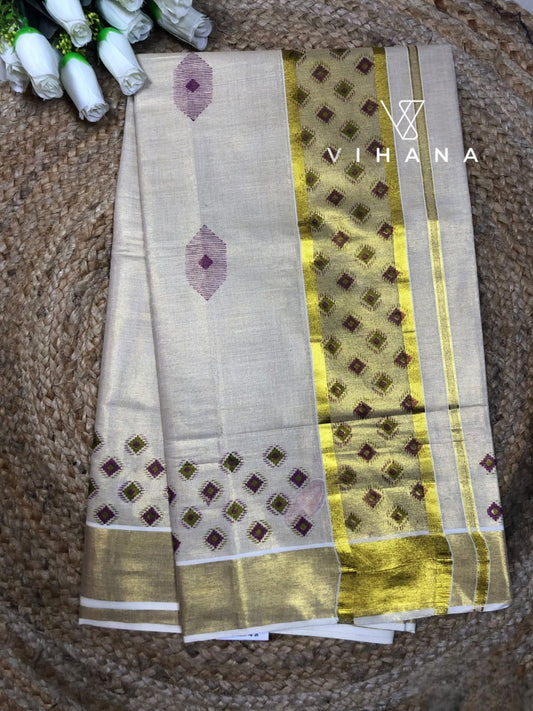 Kerala Tissue Set Saree Geometric - VS442