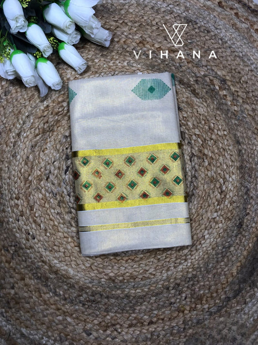 Kerala Tissue Set Saree Geometric - VS443