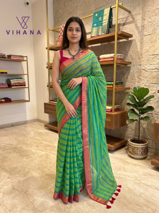 Mul Cotton Saree – Blue & Green Striped Pattern with Kanchi Border – VS521
