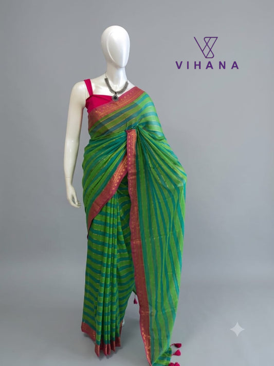 Mul Cotton Saree – Blue & Green Striped Pattern with Kanchi Border – VS521