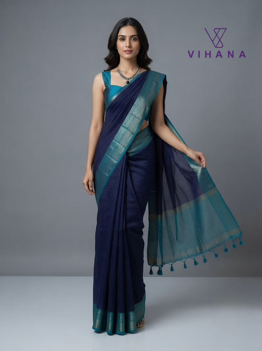 Banarasi Jute Silk Saree Navy Blue & Green Color – VS525