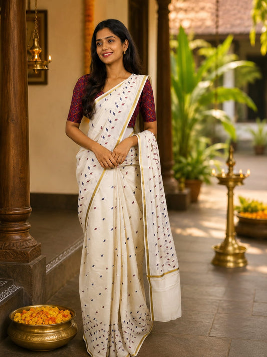Kerala Set Saree with Jasmine Bud Design