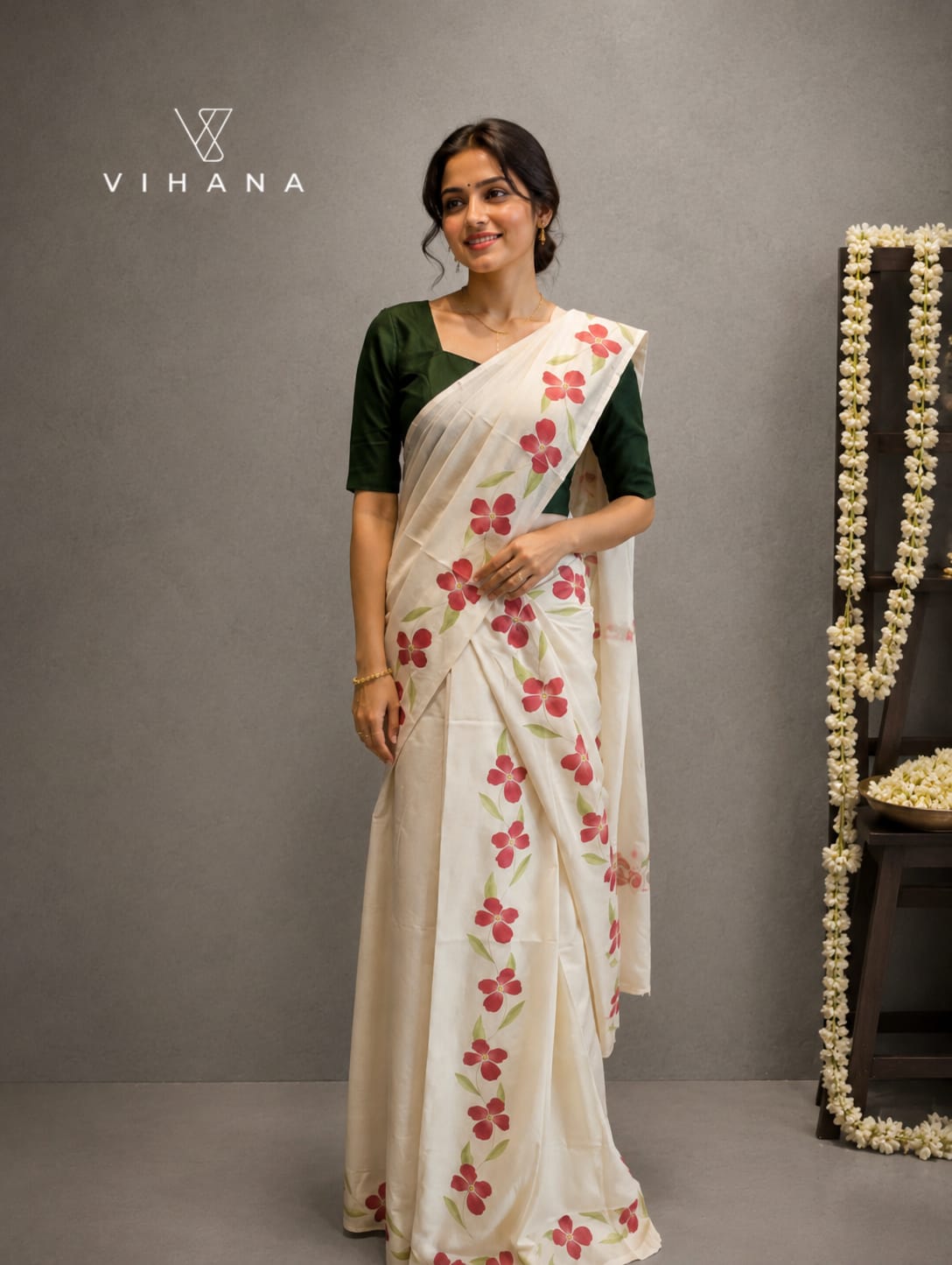 Kerala Set Mundu Off White Color Floral Print-VS363