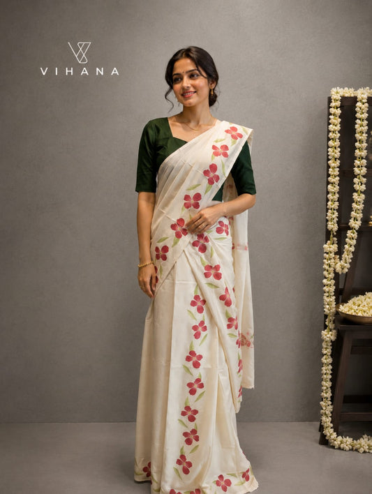 Kerala Set Mundu Off White Color Floral Print-VS363