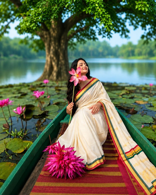 Classic Kerala Kasavu Set Saree with Multicolor Temple Border-VS028