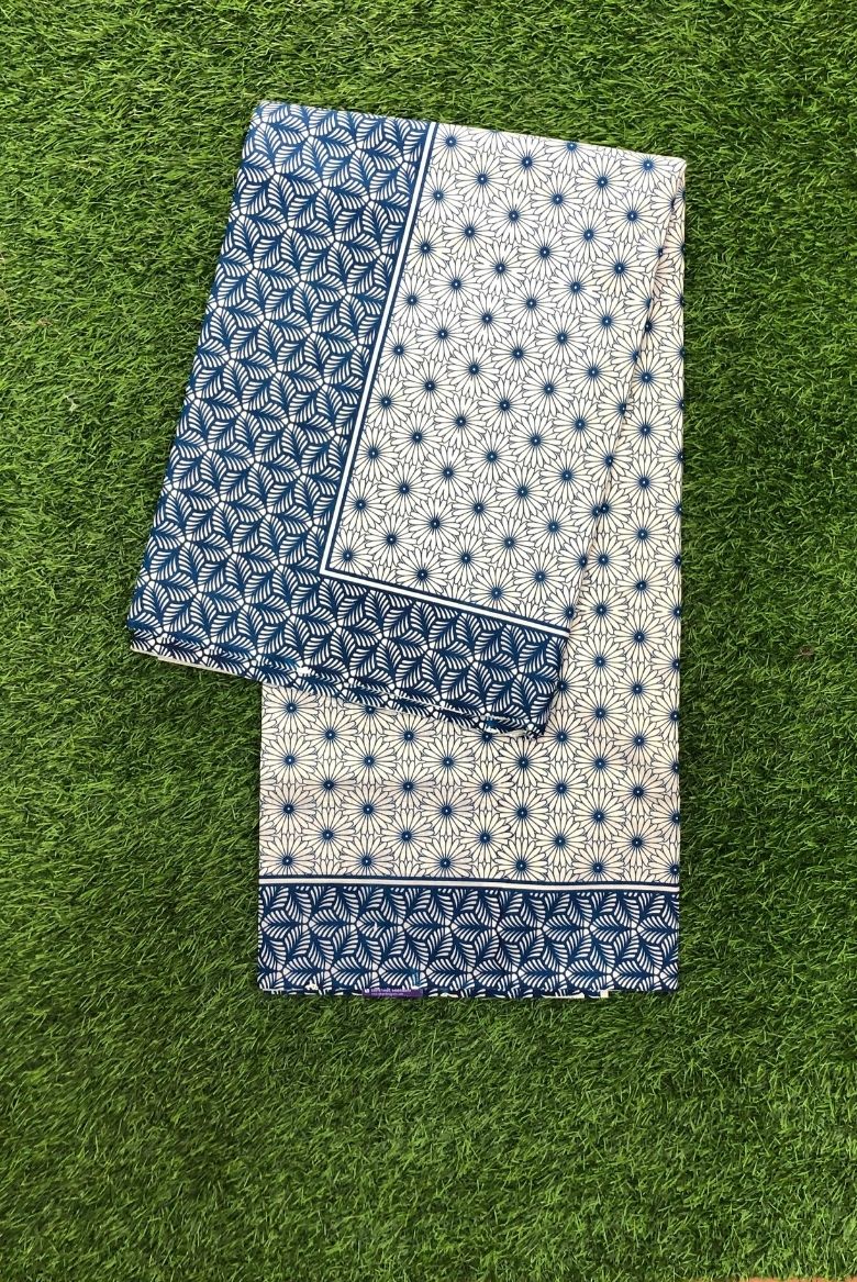Blue Floral Print Kerala Cotton Set Saree