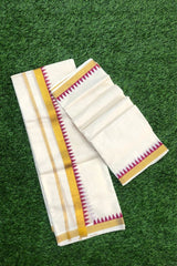Bright Red Komma Design Kerala Cotton Set Mundu