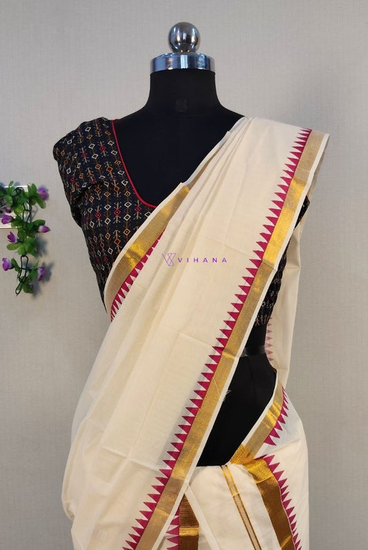 Bright Red Komma Design Kerala Cotton Set Mundu