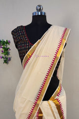 Bright Red Komma Design Kerala Cotton Set Mundu