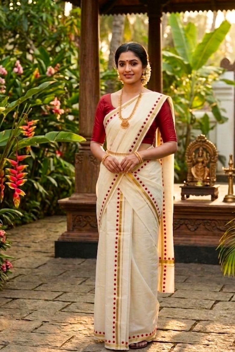 Bright Red Polka Dot Cotton Set Mundu