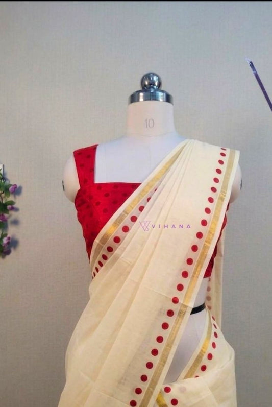 Bright Red Polka Dot Cotton Set Mundu-VS021