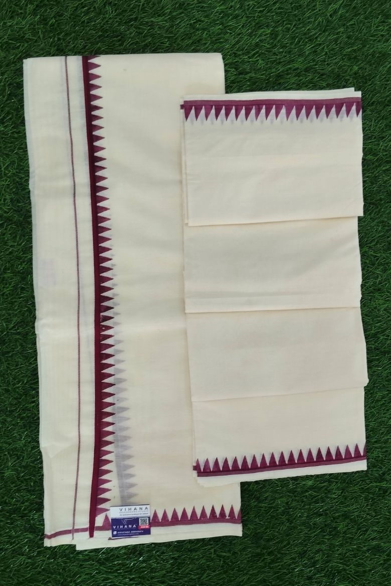 Classic Cotton Set Mundu with Wine Komma Border Designs